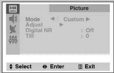 Picture Mode Adjust Digital NR Tilt Custom : Off : 0 Select Enter Exit