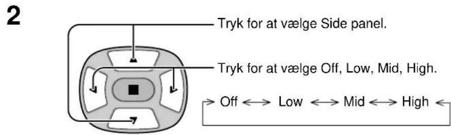 Tryk for at vælge Side panel. Tryk for at vælge Off, Low, Mid, High. Off ← Low ← Mid ← High ←