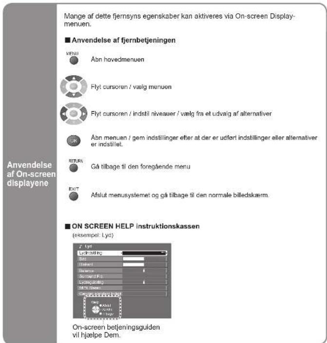 Anvendelse af On-screen displayene Mange af dette fjernsyns egenskaber kan aktiveres via On-screen Display- menuen. ■ Anvendelse af fjernbetjeningen MENU Abn hovedmenuen Flyt cursoren / vælg menuen Flyt cursoren / indstil niveauer / vælg fra et udvalg af alternativer ABn menuen / gem indstillinger efter at der er udførl indstillinger eller alternativer er indstillet. RETURN Gå tilbage til den foregående menu EXIT Afslut menusystemet og gå tilbage til den normale billedskærm. ■ ON SCREEN HELP instruktionskassen (eksempel: Lyd) z Lys Lydinstelling Box Hubland Enerster Borland For Consolidning ENGL Stellen Onscreen betjeningsguiden vil hjælpe Dem.
