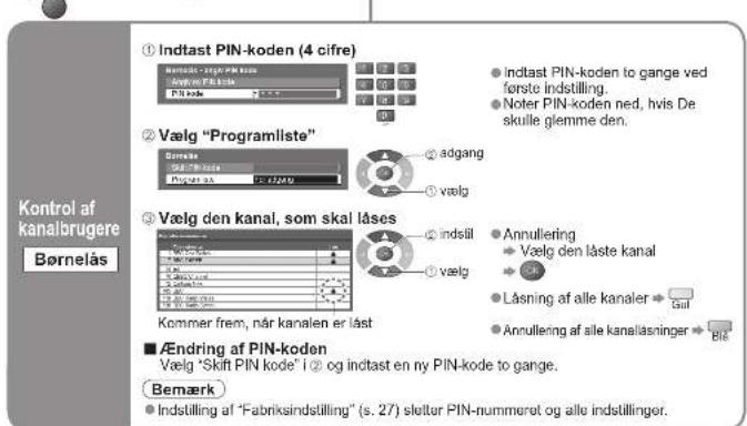 Kontrol af kanalbrugere Børnelås ① Indtast PIN-koden (4 cifre) Nemtost - vægk PIN kode Sjømter Fælslæ RiPode ② Vælg "Programliste" Børnelse Adgang Vælg den kanal, som skal låses indstil Annullering Vælg den läste kanal Låsning af alle kanaler → Sail Annullering af alle kanaliasninger → Ble Kommer frem, när kanalen er läst ■ Endring af PIN-koden Vælg "Skift PIN kode" i ② og indtast en ny PIN-kode to gange. Bemærk Indstilling af "Fabriksindstilling" (s. 27) seltar PIN-nummeret og alle indstillinger.