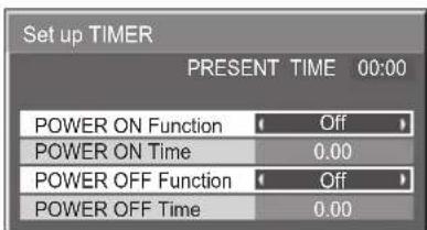 Set up TIMER PRESENT TIME 00:00 POWER ON Function Off POWER ON Time 0.00 POWER OFF Function Off POWER OFF Time 0.00