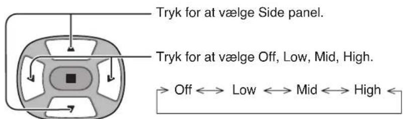 Tryk for at vælge Side panel. Tryk for at vælge Off, Low, Mid, High. → Off ↔ Low ↔ Mid ↔ High ←