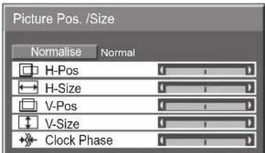 Picture Pos. /Size Normalise Normal H-Pos H-Size V-Pos V-Size Clock Phase