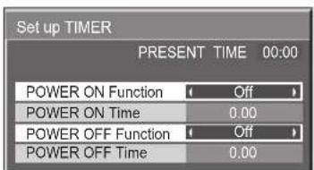 Set up TIMER PRESENT TIME 00:00 POWER ON Function Off POWER ON Time 0.00 POWER OFF Function Off POWER OFF Time 0.00