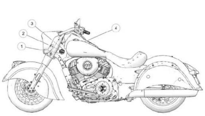 Technical diagram of a motorcycle with numbered parts for identification