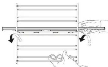 Diagram showing hands holding a rack with arrows indicating motion (no text or symbols)