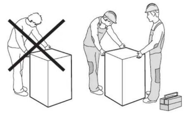 Illustration showing two workers handling boxes with a crossed-out box, one holding a tool and the other inspecting (no text or symbols present).