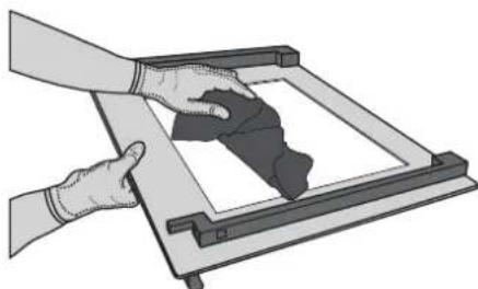 Illustration of hands installing or maintaining a frame with a dark object inside (no text or symbols)