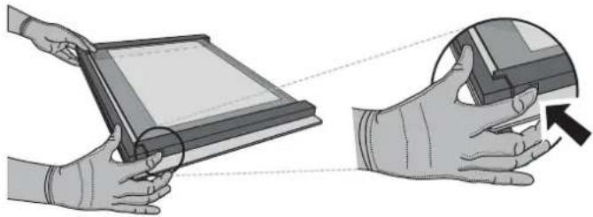 Illustration of two hands holding a tablet device, one with a magnified view showing the screen (no text or symbols present)