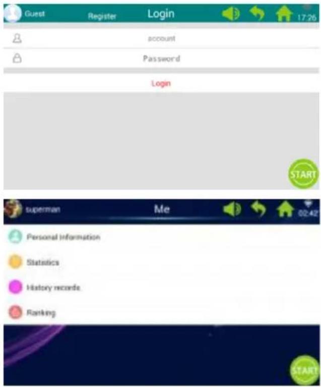 Guest Register Login account Password Login START superman Me 02:42 Personal information Statistics History records Ranking START