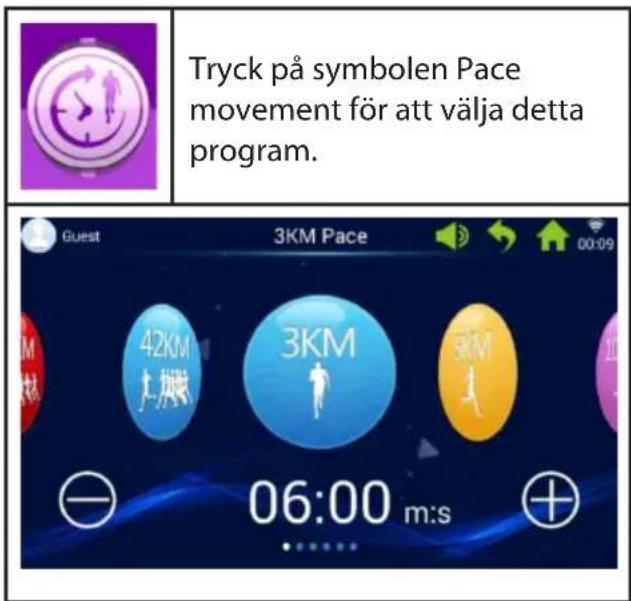 Tryck på symbolen Pace movement för att välja detta program. Guest 3KM Pace 42KM 3KM 06:00 m:s