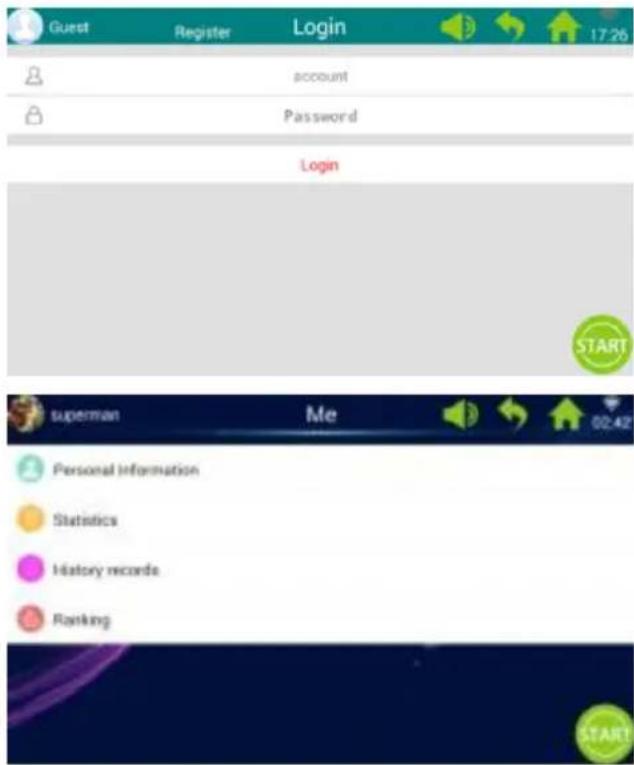 Guest Register Login account Password Login START superman Me 02:42 Personal Information Statistics History records Ranking START