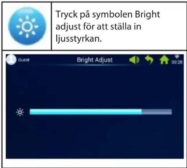 Tryck på symbolen Bright adjust för att ställa in Ijusstyrkan.