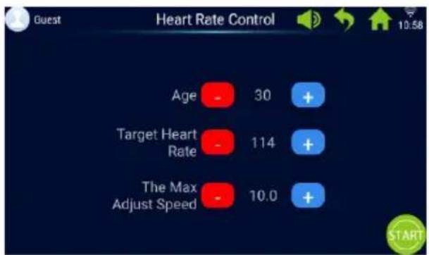 Guest Heart Rate Control Age - 30 + Target Heart Rate - 114 + The Max Adjust Speed - 10.0 + START