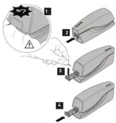 Diagram showing a hand holding a device with numbered steps and warning symbol, likely illustrating a manual or mechanical process.