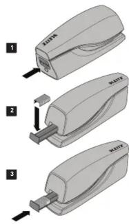 Diagram showing three steps of a printer or printer device with labeled parts and directional arrows indicating assembly or movement.