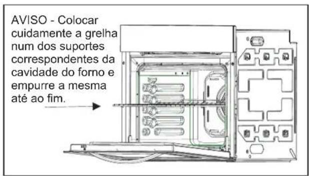 AVISO - Colocar cuidamente a grelha num dos suportes correspondentes da cavidade do forno e empurre a mesma até ao fim.