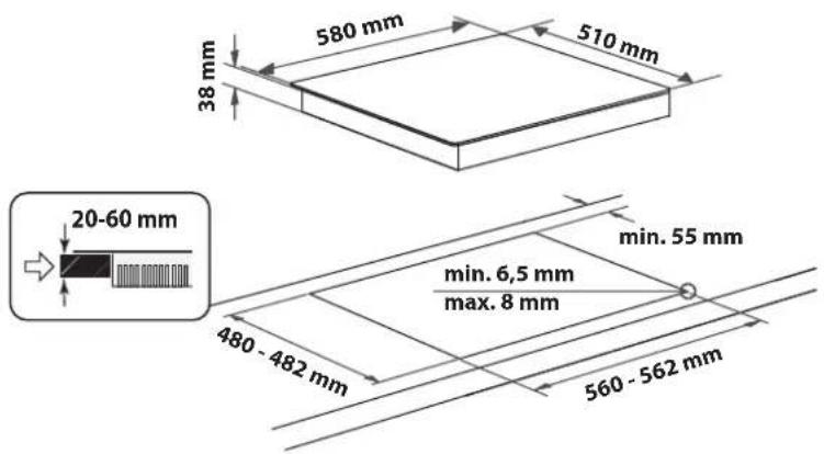 580 mm 510 mm 38 mm 20-60 mm min. 55 mm min. 6.5 mm max. 8 mm 480-482 mm 560-562 mm
