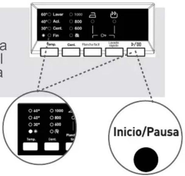 60°○ Lavar ○ 1000 40°○ Acl. ○ 800 30°○ Cent. ○ 600 ●○ Fin □ Temp. Cent. Plancha focii Lavado rápido ≥/00 Inicio/Pausa