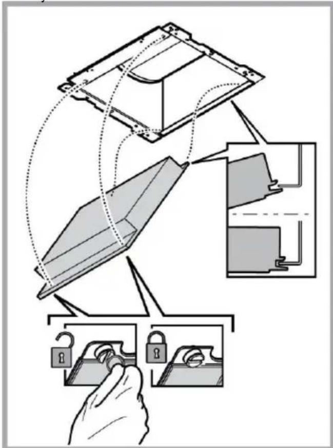 Diagram illustrating a mechanical assembly process with labeled components and lock mechanisms