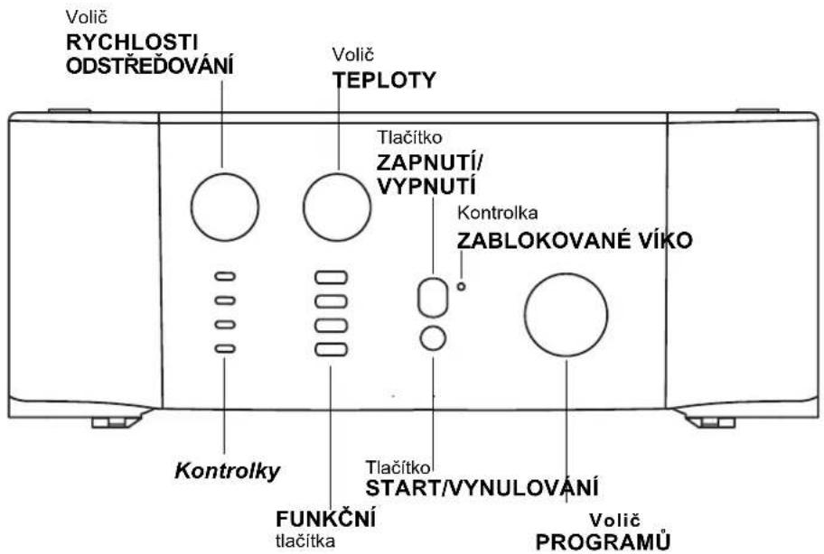 Volič RYCHLOSTI ODSTŘEĐOVÁNÍ Volič TEPLOTY Tlačítko ZAPNUTÍ/ VYPNUTÍ Kontrolka ZABLOKOVANÉ VÍKO Kontrolky FUNKČNÍ tlačítka Tlačítko START/VYNULOVÁNÍ Volič PROGRAMŮ