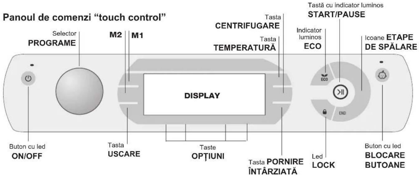 Panoul de comenzi "touch control" Selector PROGRAME M2 M1 Tasta CENTRIFUGARE Tasta TEMPERATURA Tasta cu indicator luminos START/PAUSE Indicator luminos ECO Icoane ETAPE DE SPĂLARE DISPLAY Taste USCARE Taste OPTIUNI Tasta PORNIRE ÎNTĂRZIATA LED LOCK END Buton cu led BLOCARE BUTOANE Buton cu led ON/OFF