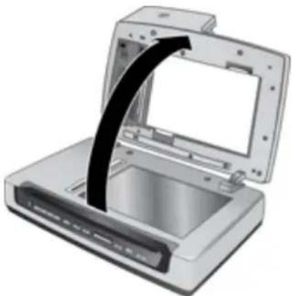 Illustration of a scanner with an open lid and black arrow indicating compression or disassembly (no text or symbols)