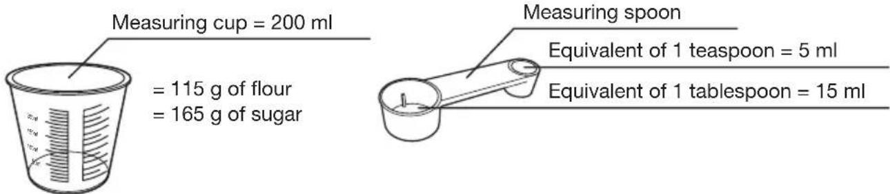 Measuring cup = 200 ml = 115 g of flour = 165 g of sugar Measuring spoon Equivalent of 1 teaspoon = 5 ml Equivalent of 1 tablespoon = 15 ml