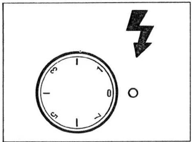 Diagram showing a clock with time and hour markings, a lightning bolt symbol, and an empty circle, likely indicating a warning or alarm.