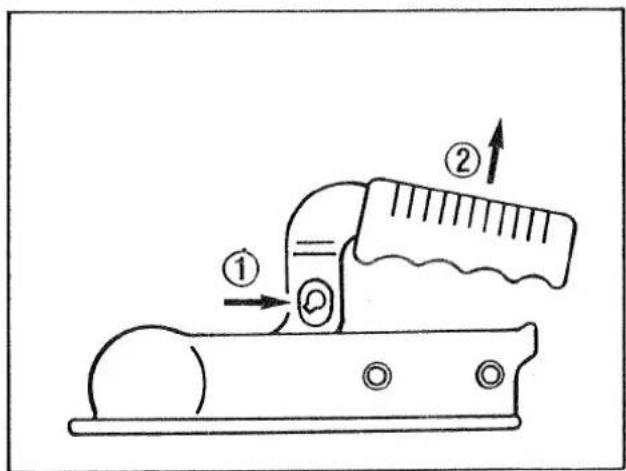 Diagram illustrating a mechanical device with labeled components and directional arrows, including parts marked ① and ②.