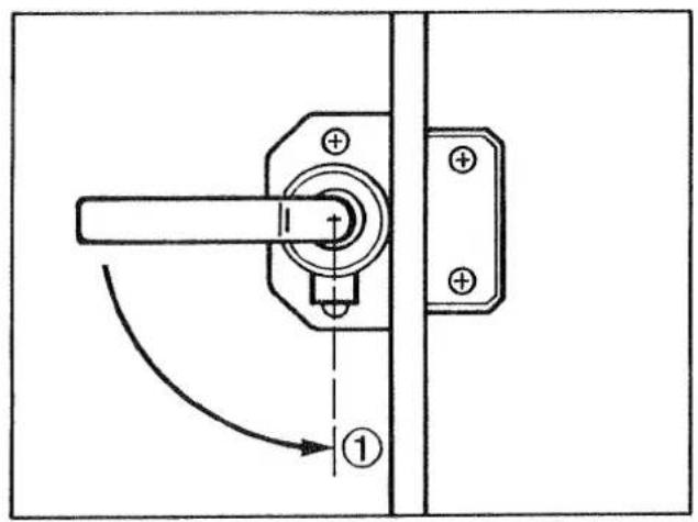 Technical diagram of a door handle mechanism with labeled components and motion arrow