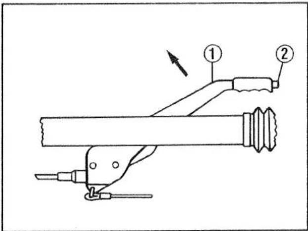 Technical diagram of a mechanical device with labeled parts and directional arrow indicating motion or force