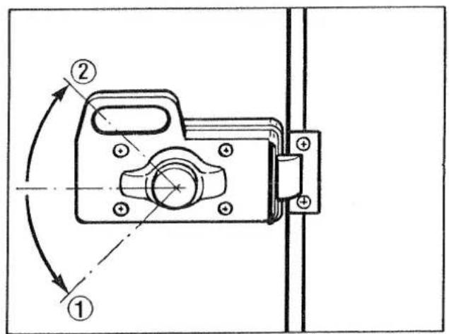 Technical diagram of a door lock mechanism with numbered components and rotation arrows