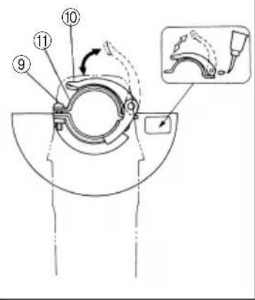 Technical diagram of a mechanical component with numbered parts and an inset showing a close-up view of a tool or device.