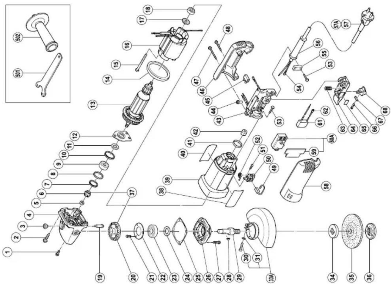 Exploded view diagram of a mechanical assembly with numbered parts and exploded views