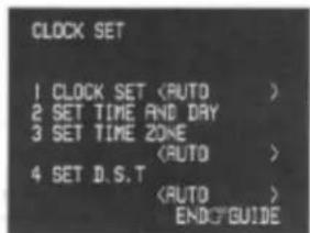 CLOCK SET 1 CLOCK SET 2 SET TIME AND DAY 3 SET TIME ZONE 4 SET D.S.T END?GUIDE