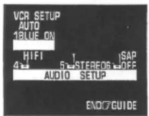 VCR SETUP AUTO 1BLUE ON HIFI 4 5 STEREOS AUDIO SETUP SAP OFF END/7GUIDE