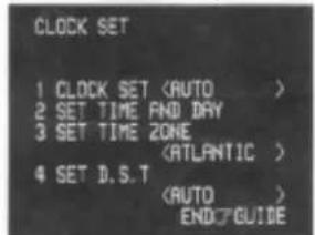 CLOCK SET 1 CLOCK SET 2 SET TIME AND DAY 3 SET TIME ZONE 4 SET D.S.T END?GUIDE