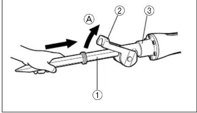 Diagram of a mechanical device with labeled parts and directional arrows indicating movement or force