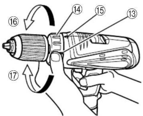 Diagram of a hand holding a drill bit with numbered parts labeled 13 to 17 indicating different components.
