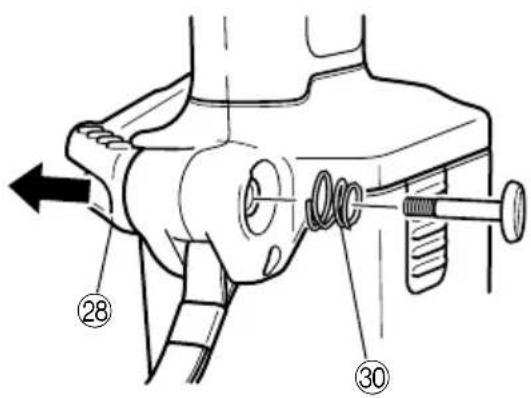 Technical diagram of a mechanical assembly with numbered parts and directional arrow indicating motion or force