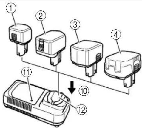 Diagram showing numbered components of a device with labeled parts and a downward arrow indicating transformation or adjustment.