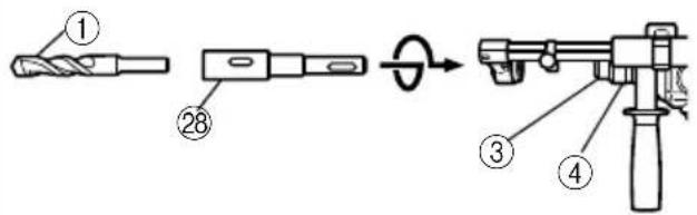 Diagram showing the step-by-step assembly of a drill bit with numbered parts and a rotating mechanism.