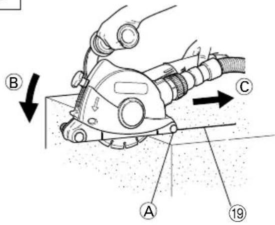 Technical diagram showing a mechanical device with labeled parts A, B, C and directional arrows indicating movement or assembly.