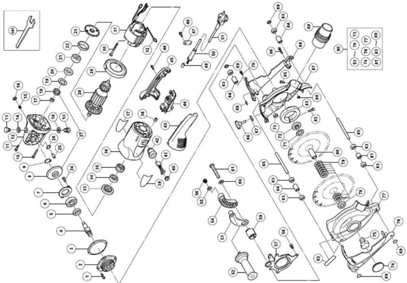 Exploded view diagram of a mechanical assembly with numbered parts and a detailed inset showing the wrench.