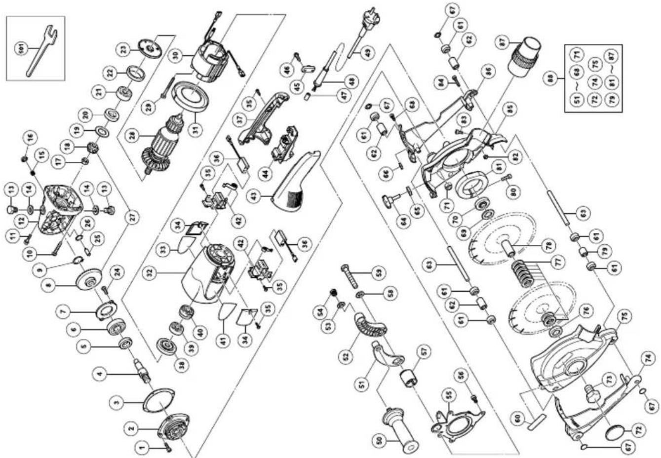 Exploded view diagram of a mechanical assembly with numbered components and a detailed inset showing a wrench.