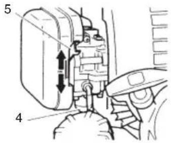 Technical diagram showing mechanical assembly with numbered parts and directional arrows indicating movement or force