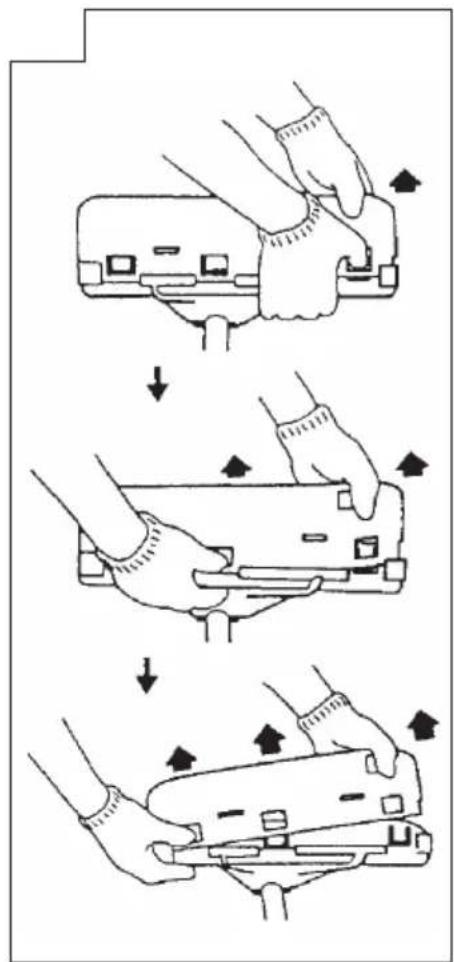 Diagram illustrating three-step mechanical assembly steps with directional arrows indicating motion or force direction.