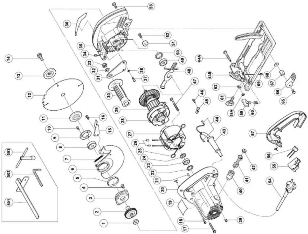 Exploded view diagram of a mechanical assembly with numbered parts and exploded views