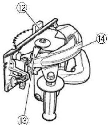 Technical diagram of a mechanical device with numbered parts labeled 12, 13, and 14
